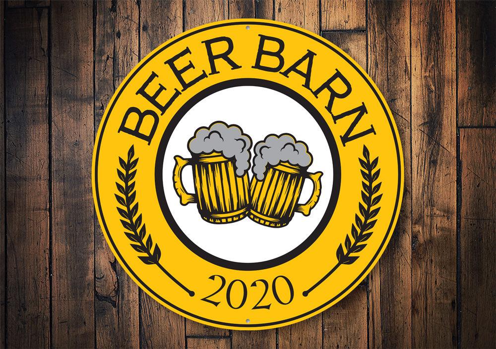 A custom Beer Barn Sign made of high-quality aluminum, featuring a rustic design perfect for home decor.