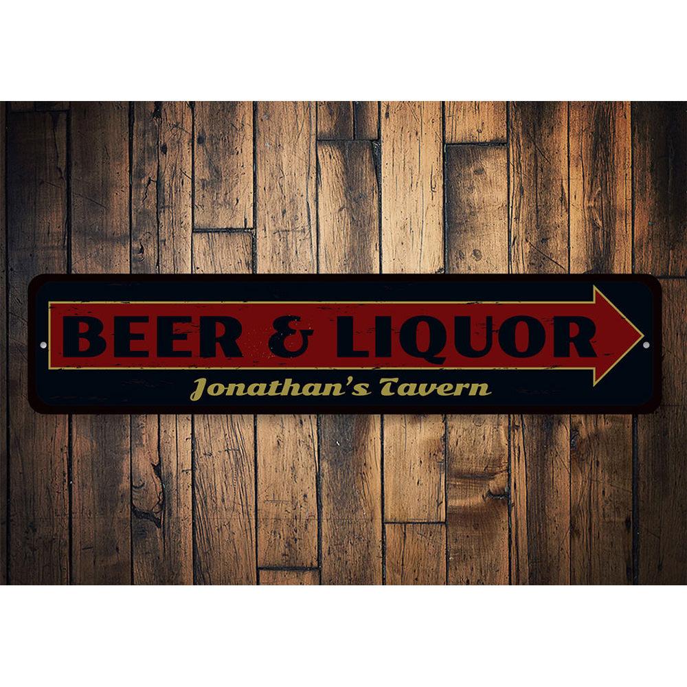 A decorative Beer & Liquor Sign made of high-quality aluminum, featuring customizable text and pre-drilled holes for easy mounting.