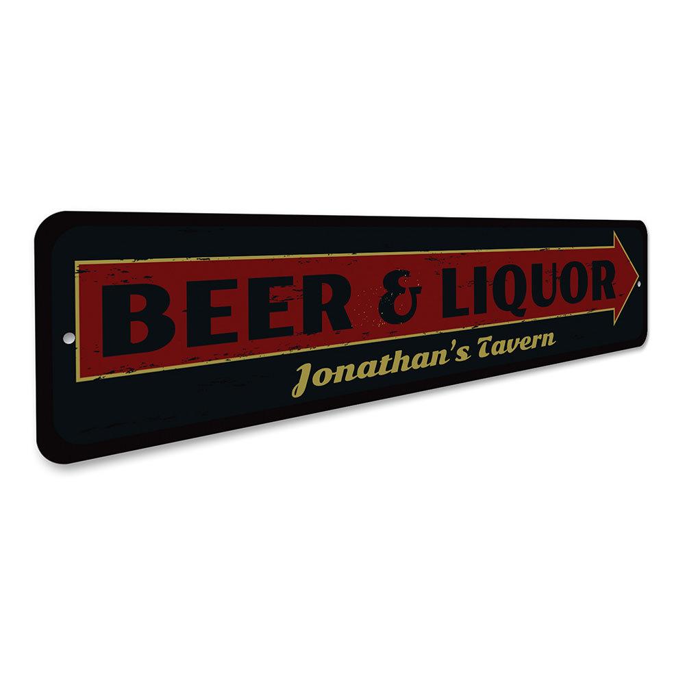 A decorative Beer & Liquor Sign made of high-quality aluminum, featuring customizable text and pre-drilled holes for easy mounting.