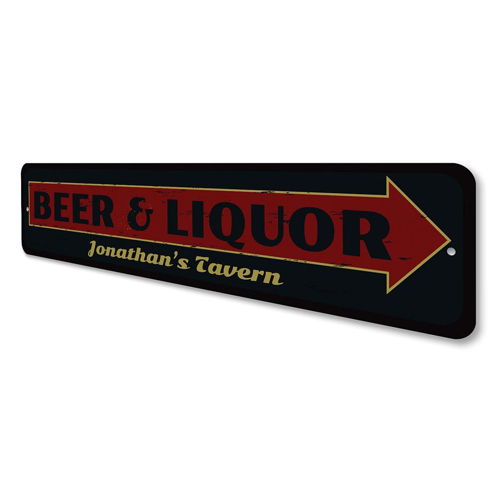 A decorative Beer & Liquor Sign made of high-quality aluminum, featuring customizable text and pre-drilled holes for easy mounting.