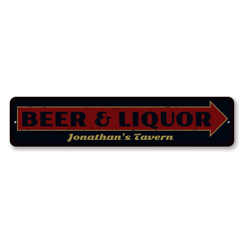 A decorative Beer & Liquor Sign made of high-quality aluminum, featuring customizable text and pre-drilled holes for easy mounting.