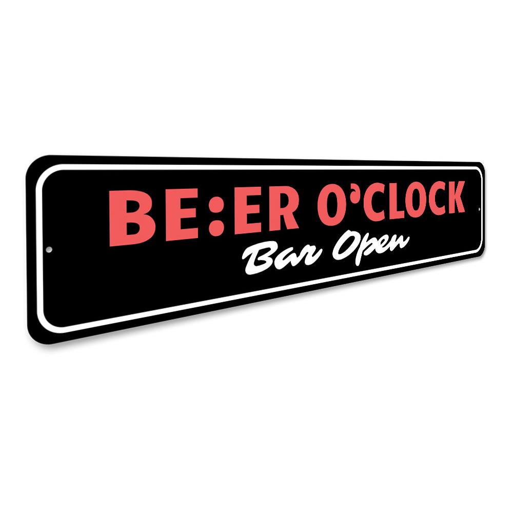 A decorative Beer O Clock Sign made of aluminum, featuring a fun design perfect for home bars or man caves.