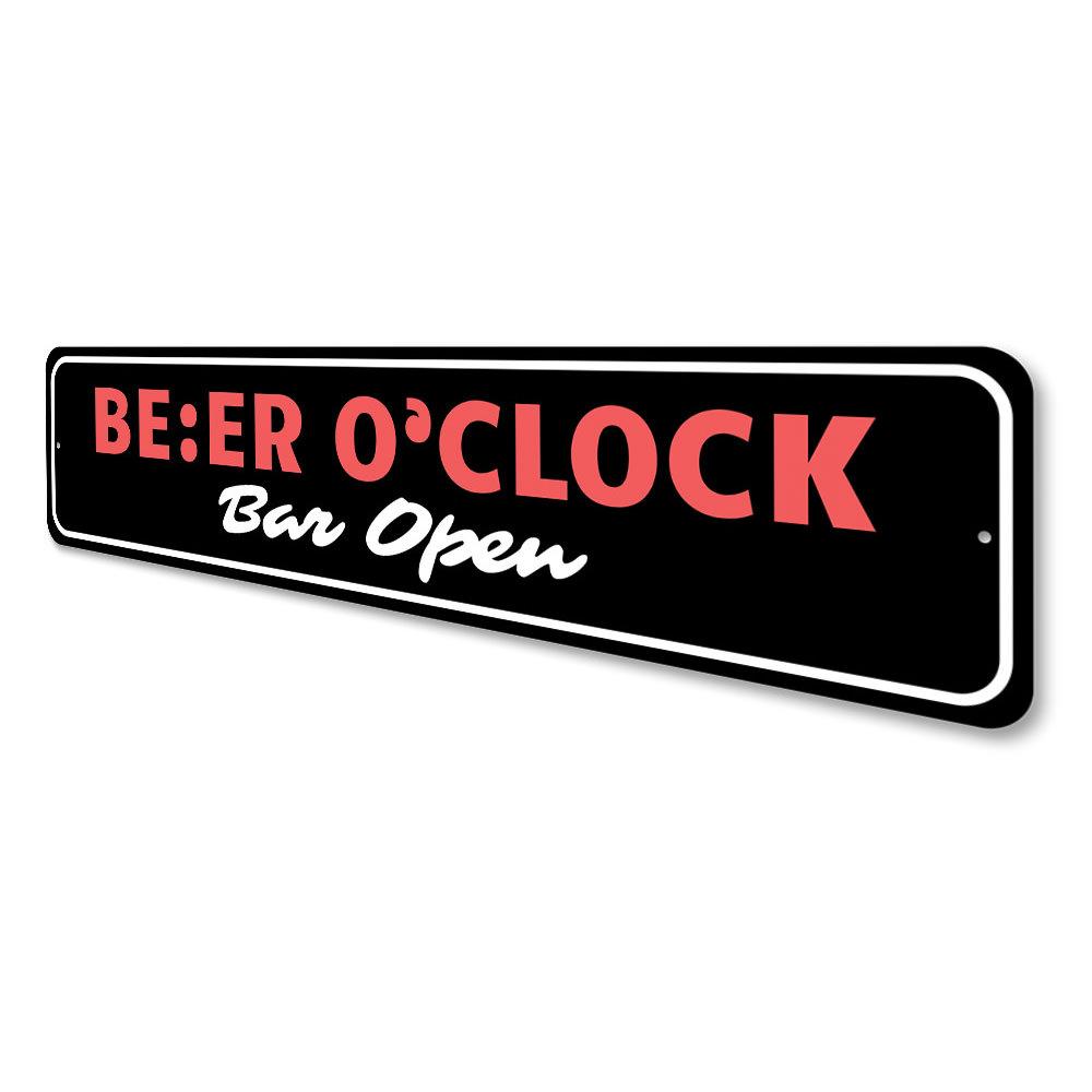 A decorative Beer O Clock Sign made of aluminum, featuring a fun design perfect for home bars or man caves.