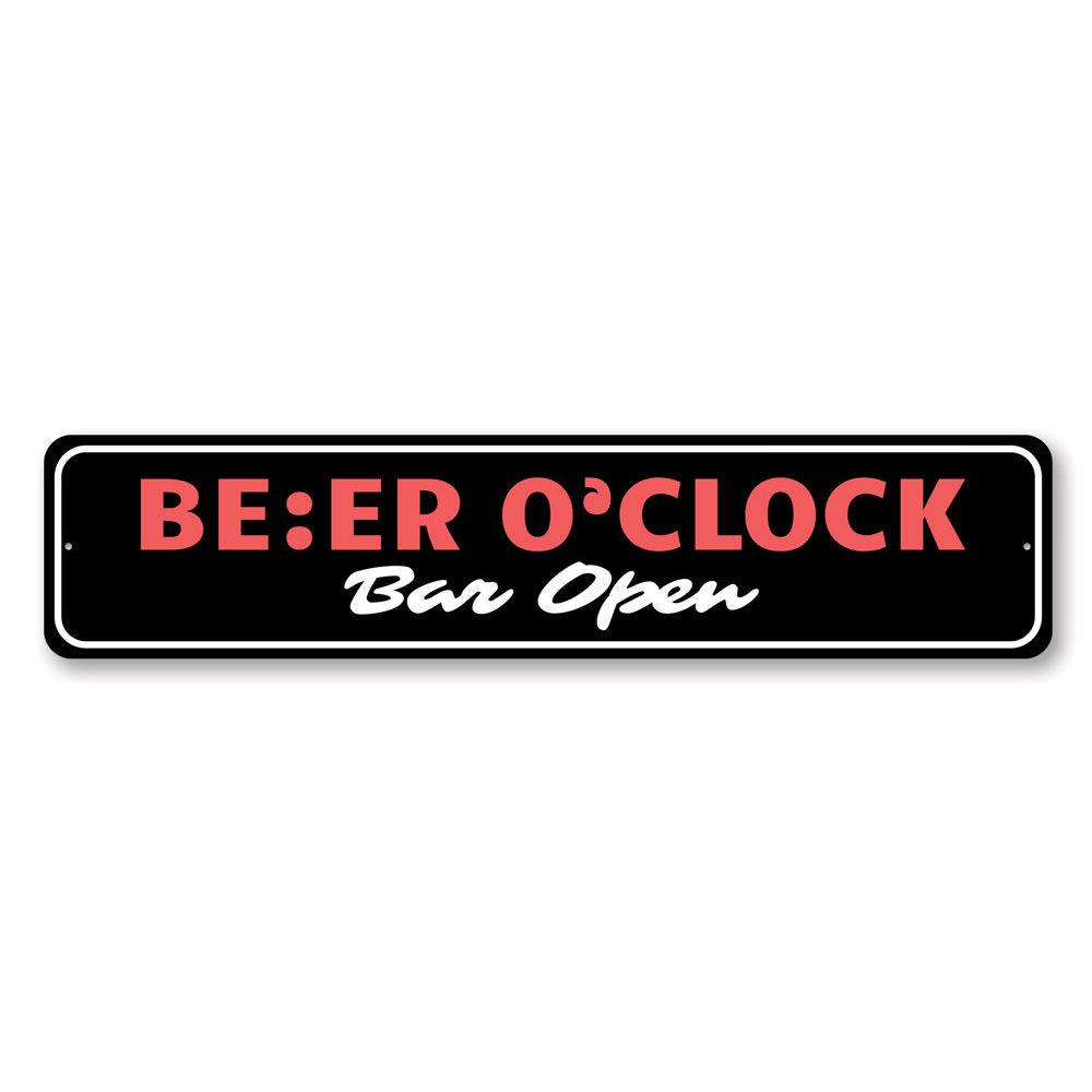 A decorative Beer O Clock Sign made of aluminum, featuring a fun design perfect for home bars or man caves.