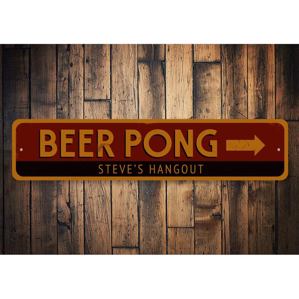 Beer Pong Arrow Sign made of durable aluminum, featuring vibrant colors and an arrow design, perfect for game rooms and man caves.