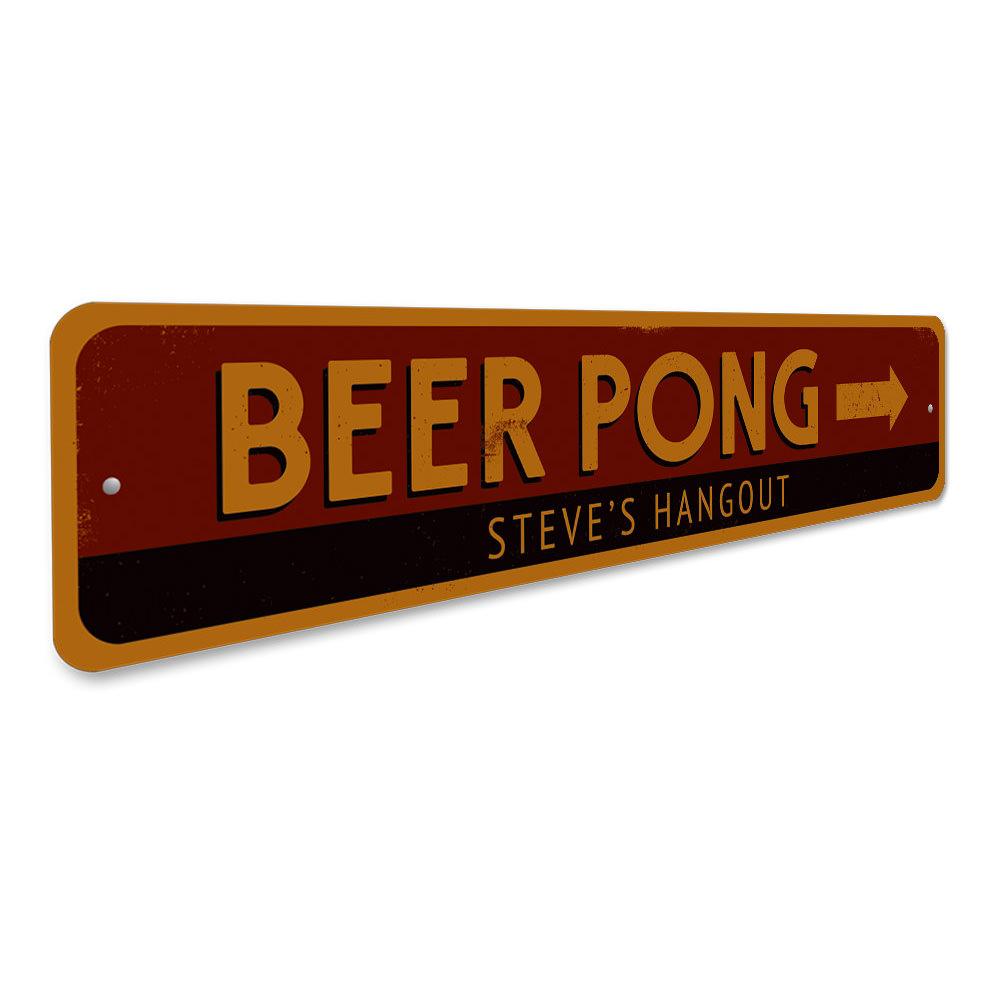 Beer Pong Arrow Sign made of durable aluminum, featuring vibrant colors and an arrow design, perfect for game rooms and man caves.