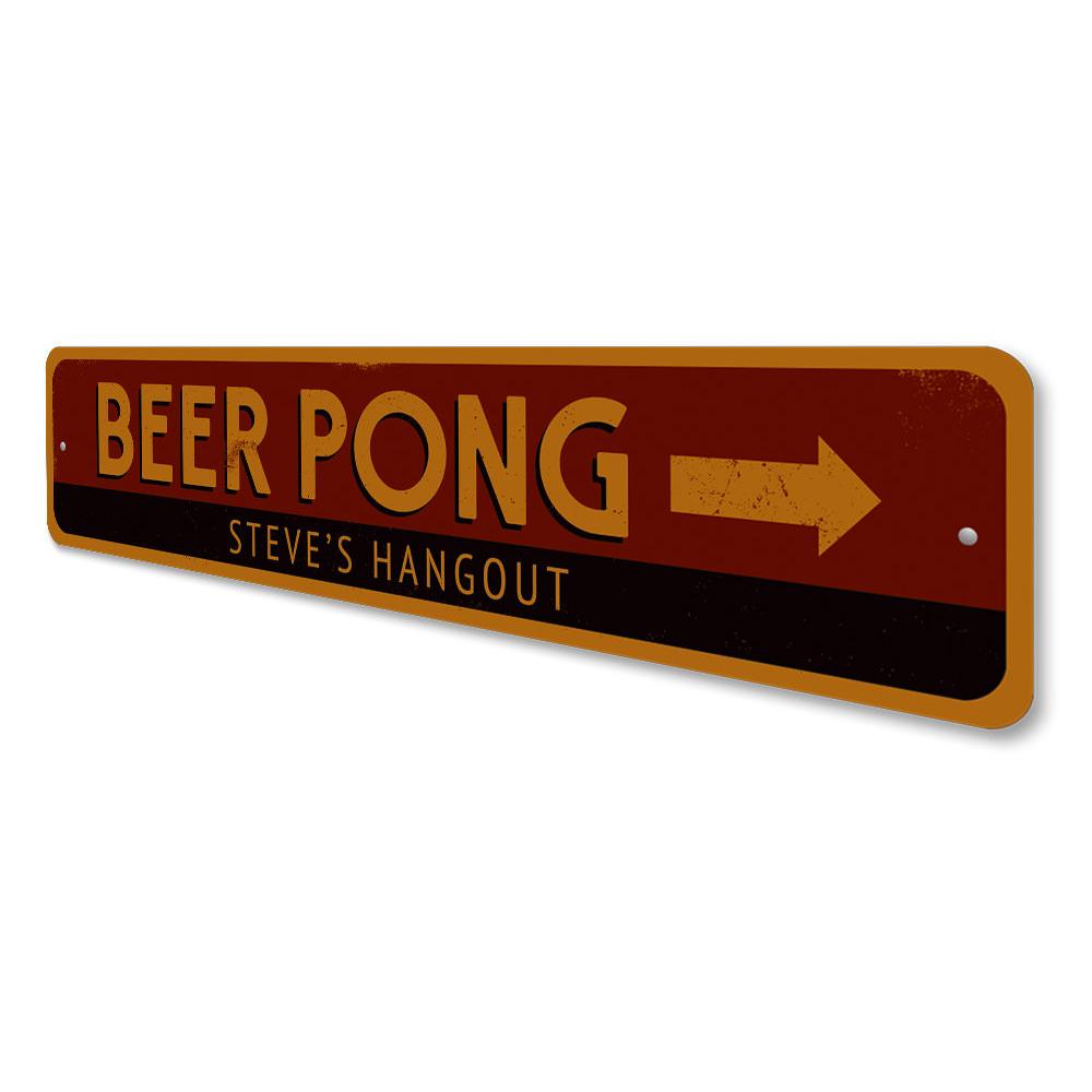 Beer Pong Arrow Sign made of durable aluminum, featuring vibrant colors and an arrow design, perfect for game rooms and man caves.