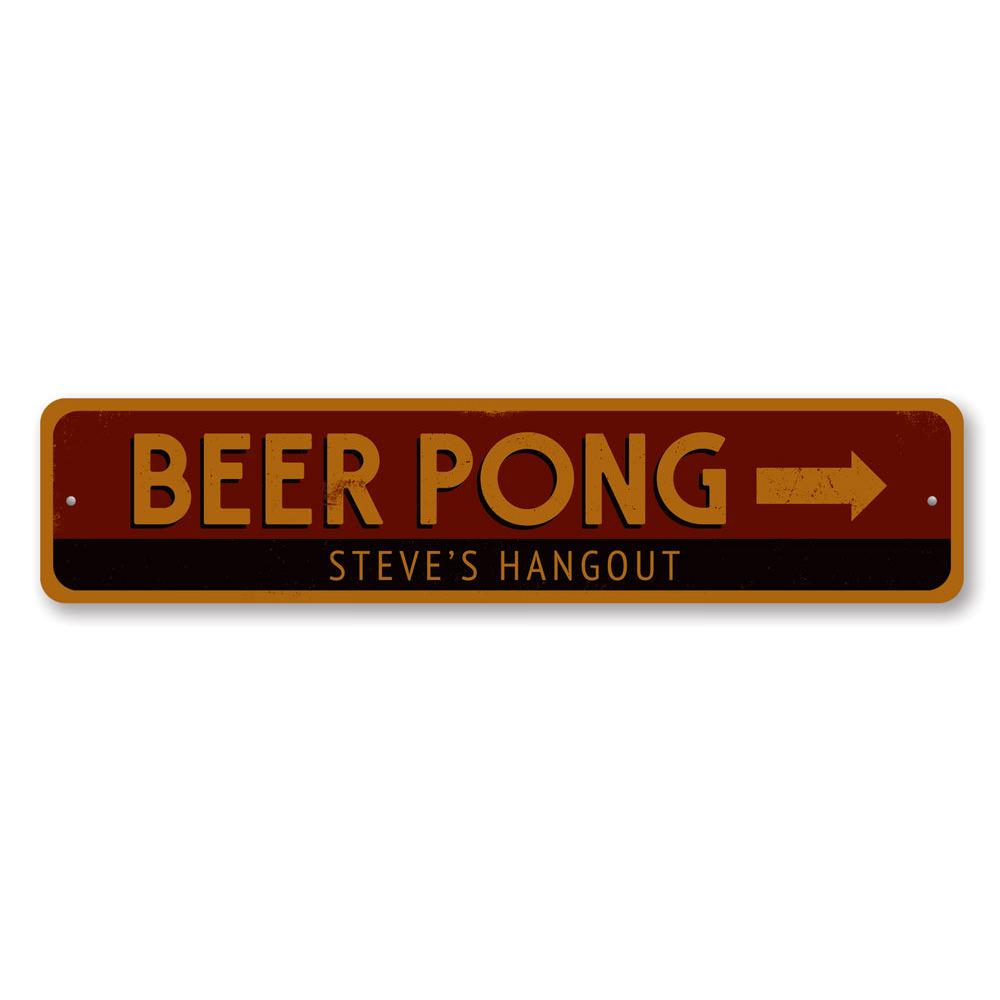 Beer Pong Arrow Sign made of durable aluminum, featuring vibrant colors and an arrow design, perfect for game rooms and man caves.