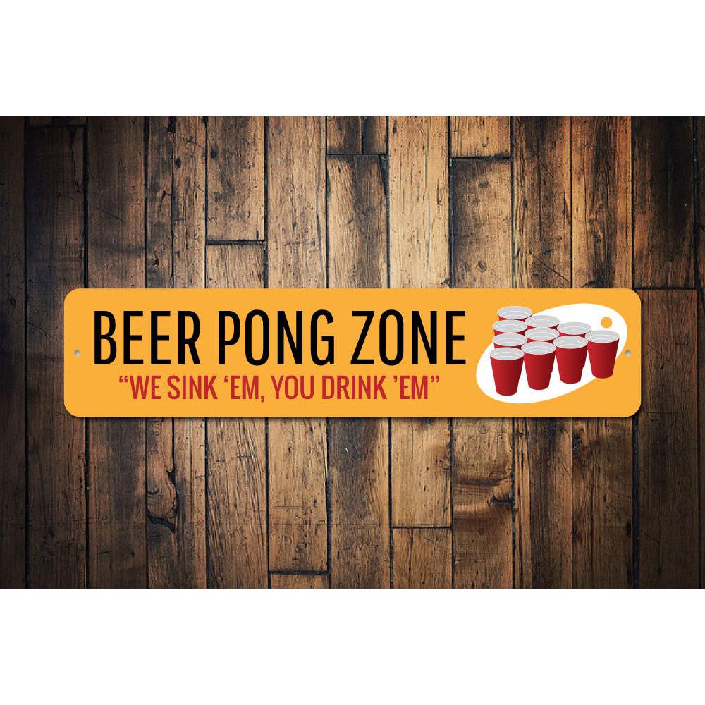 A vibrant Beer Pong Zone Sign made of aluminum, featuring playful graphics and text, perfect for game rooms and parties.