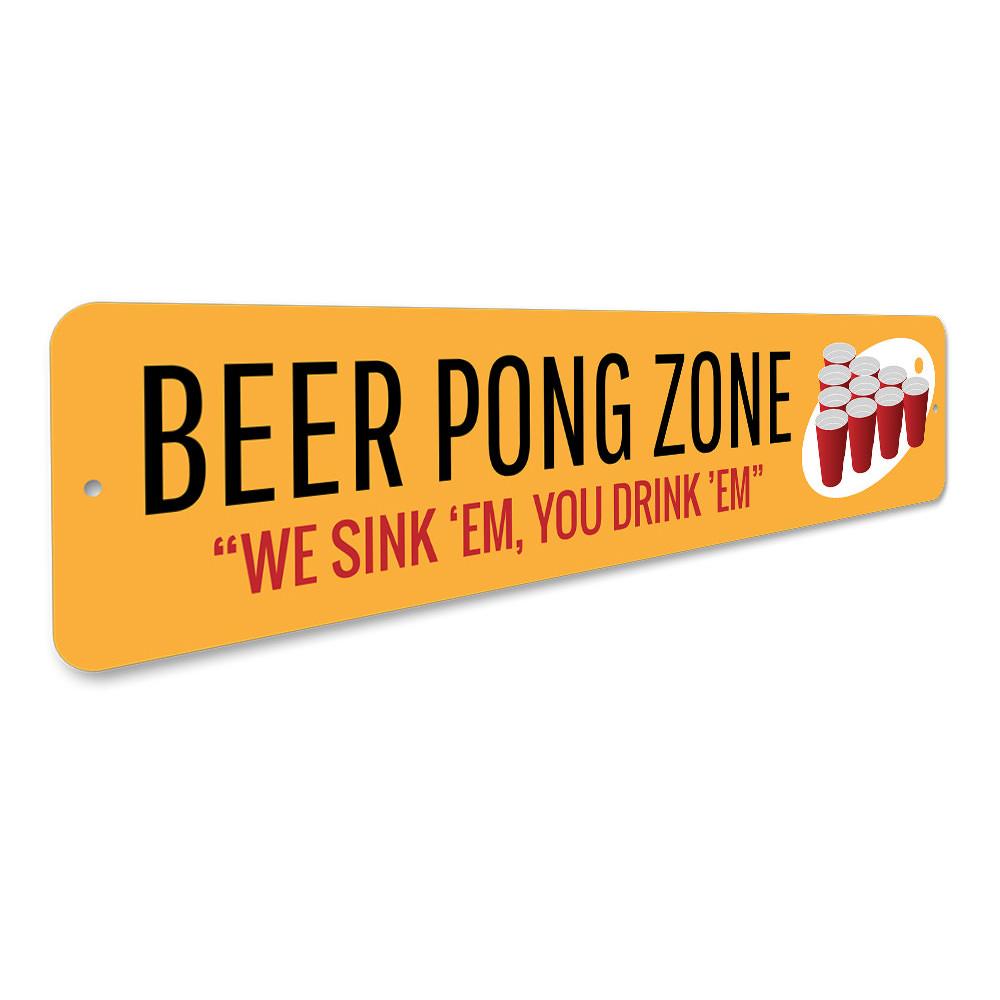 A vibrant Beer Pong Zone Sign made of aluminum, featuring playful graphics and text, perfect for game rooms and parties.