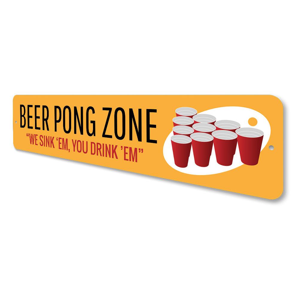 A vibrant Beer Pong Zone Sign made of aluminum, featuring playful graphics and text, perfect for game rooms and parties.