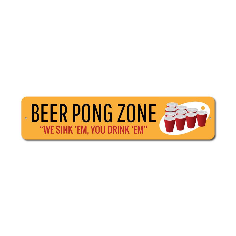 A vibrant Beer Pong Zone Sign made of aluminum, featuring playful graphics and text, perfect for game rooms and parties.