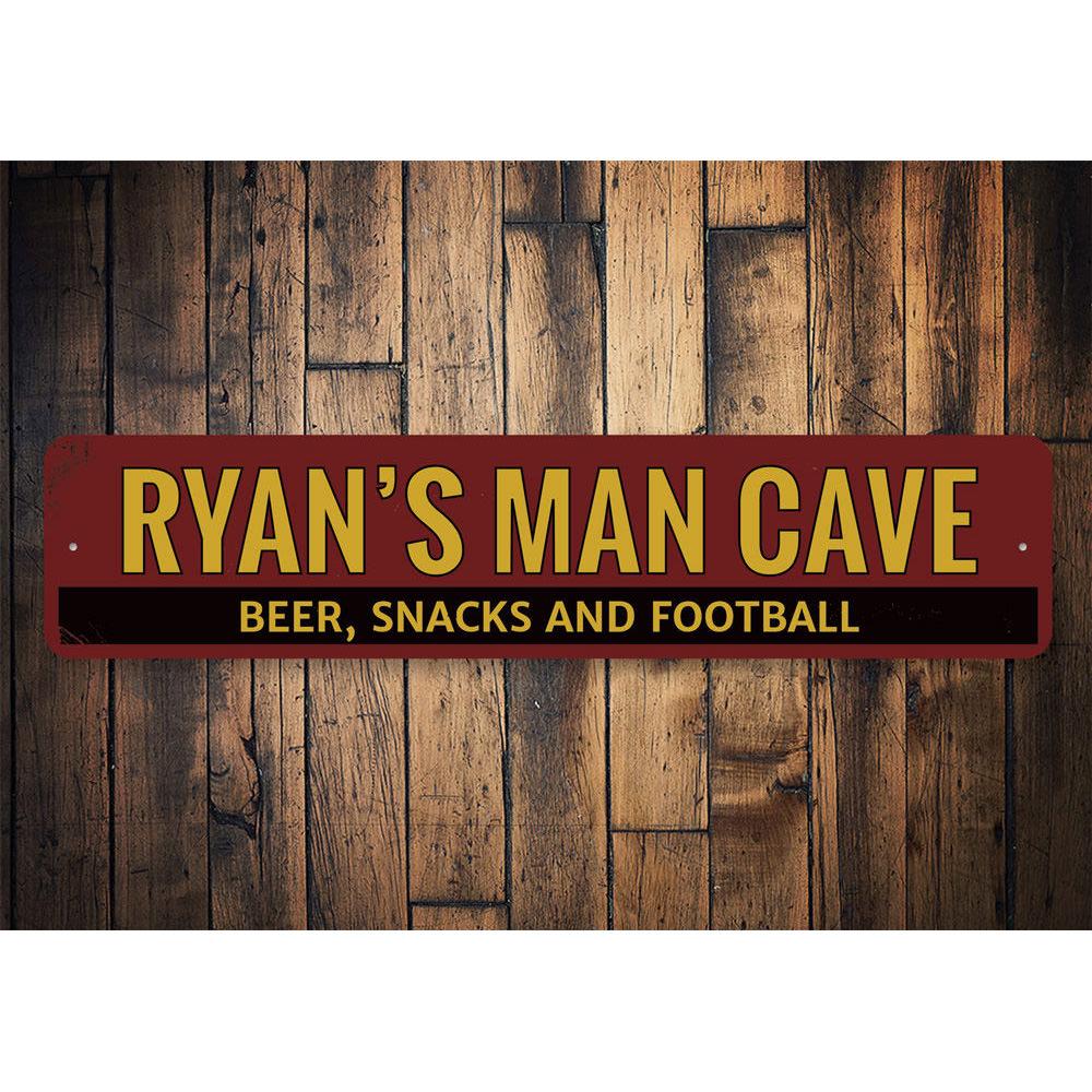 A decorative Beer Snacks & Football Sign made of high-quality aluminum, featuring customizable text, perfect for man caves and game rooms.