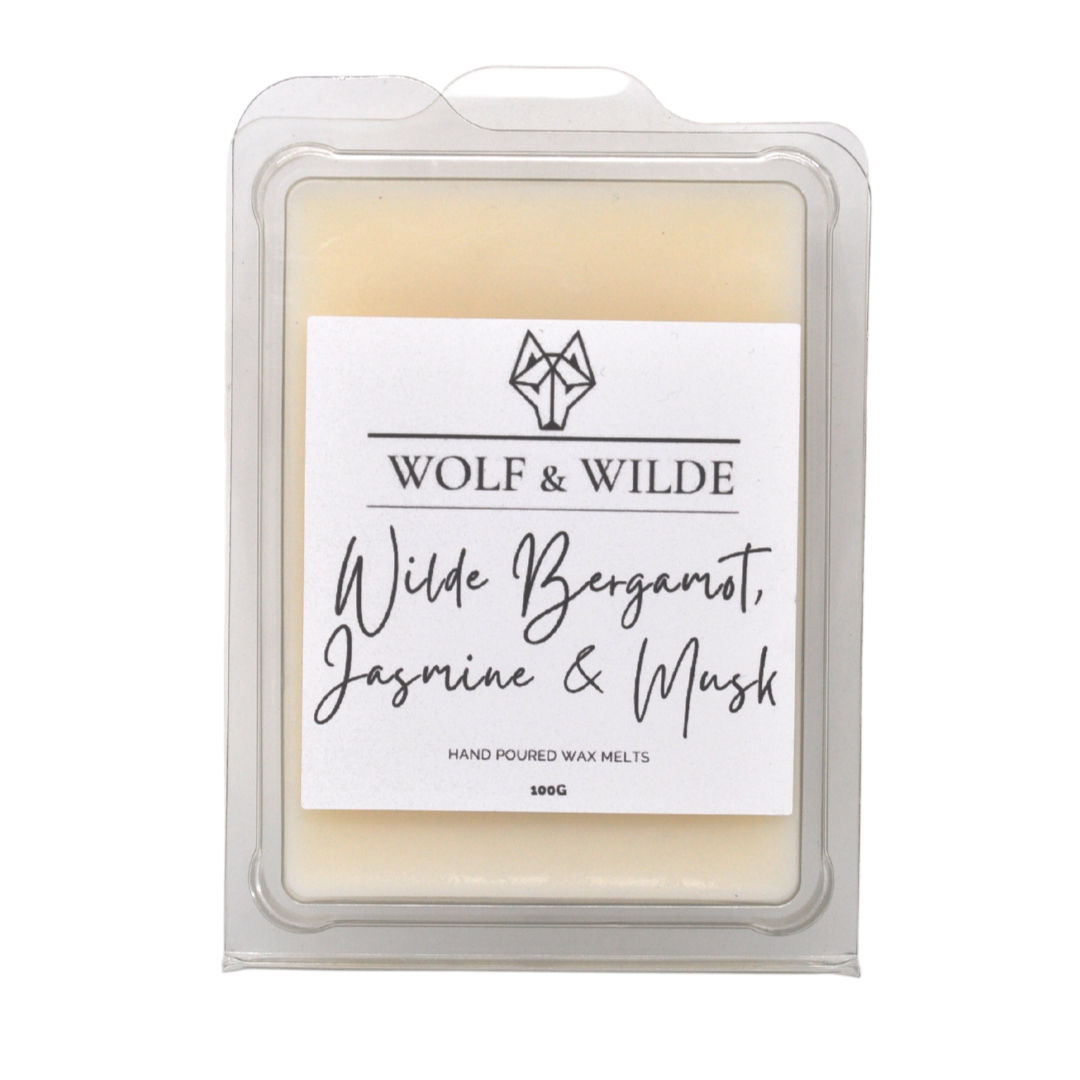 Bergamot, Jasmine & Musk Soy Wax Melts in a decorative package, showcasing the aromatic blend of floral and earthy scents.