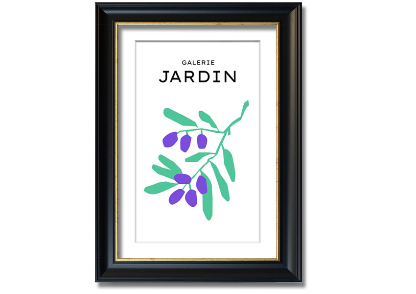 A beautifully framed print of berries on a branch, showcasing vibrant colors and intricate details, ready to hang.