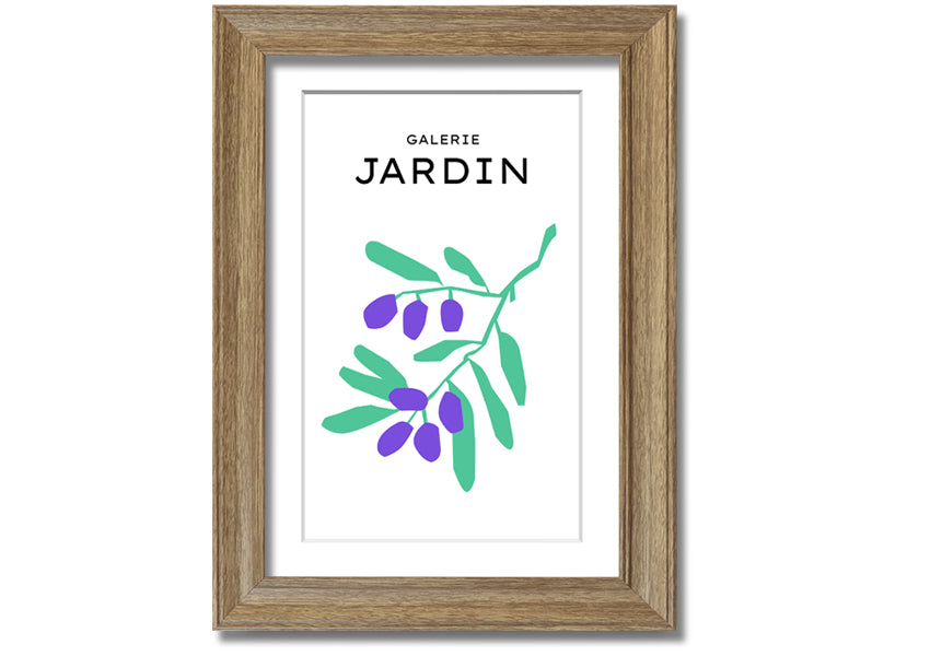 A beautifully framed print of berries on a branch, showcasing vibrant colors and intricate details, ready to hang.