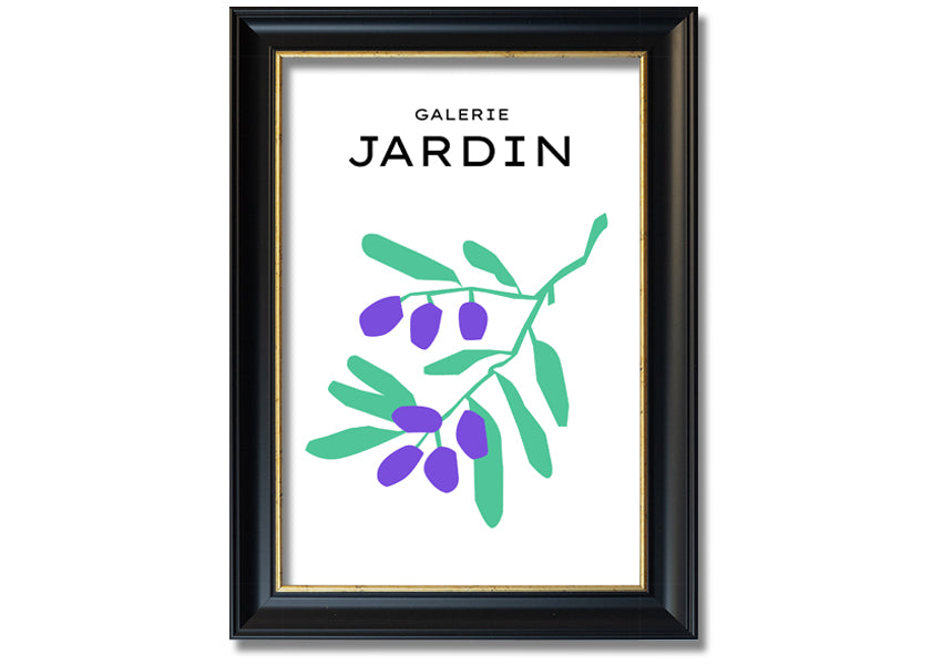 A beautifully framed print of berries on a branch, showcasing vibrant colors and intricate details, ready to hang.