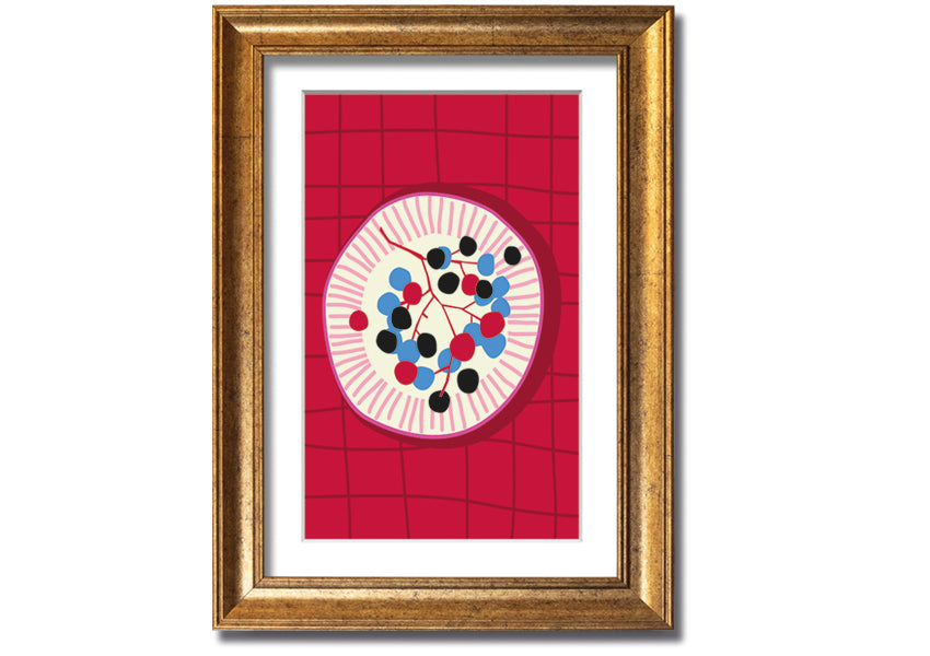 A beautifully framed print of assorted berries on a plate, showcasing vibrant colors and intricate details, ready to hang.