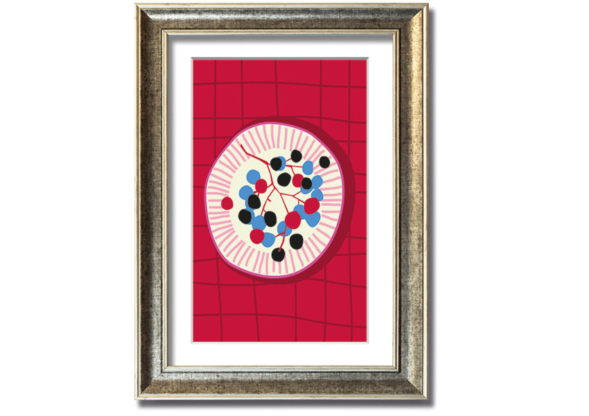 A beautifully framed print of assorted berries on a plate, showcasing vibrant colors and intricate details, ready to hang.