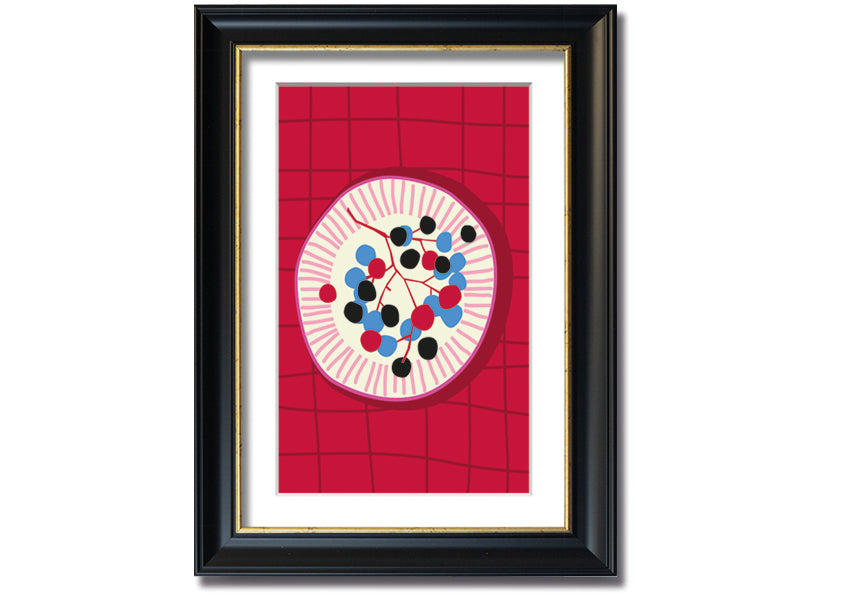 A beautifully framed print of assorted berries on a plate, showcasing vibrant colors and intricate details, ready to hang.