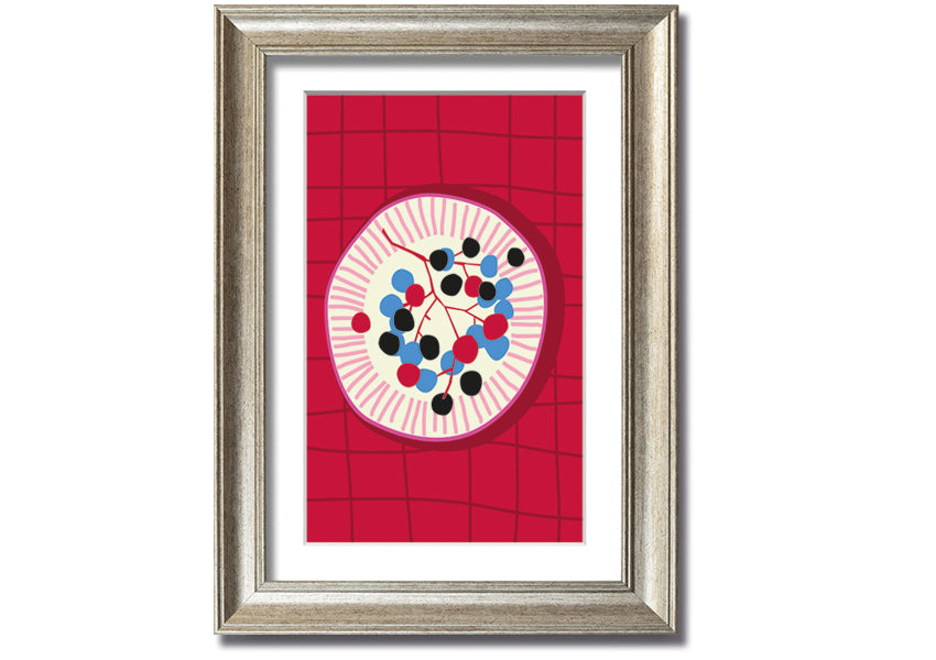 A beautifully framed print of assorted berries on a plate, showcasing vibrant colors and intricate details, ready to hang.