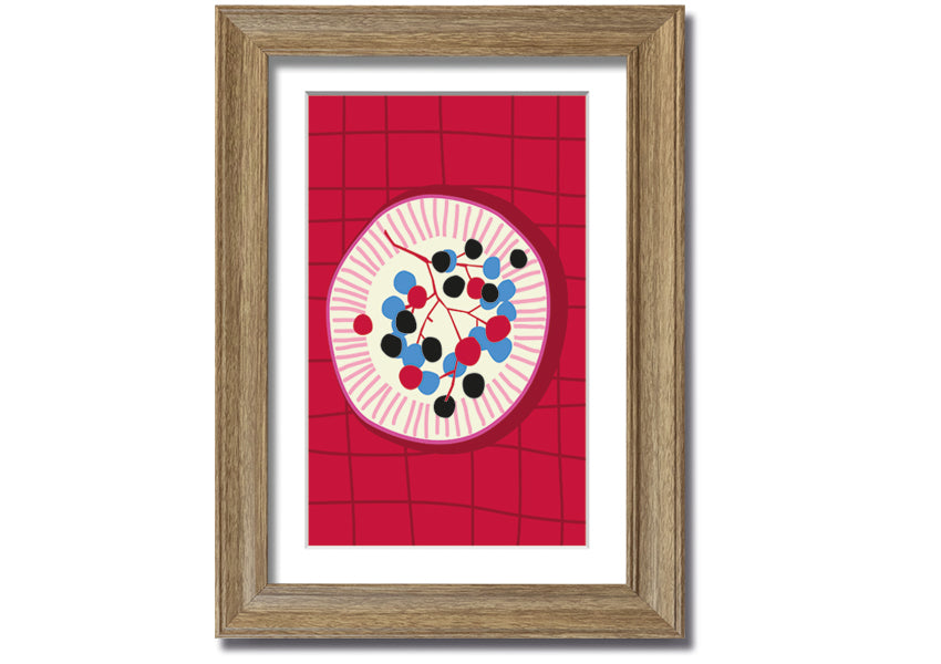 A beautifully framed print of assorted berries on a plate, showcasing vibrant colors and intricate details, ready to hang.