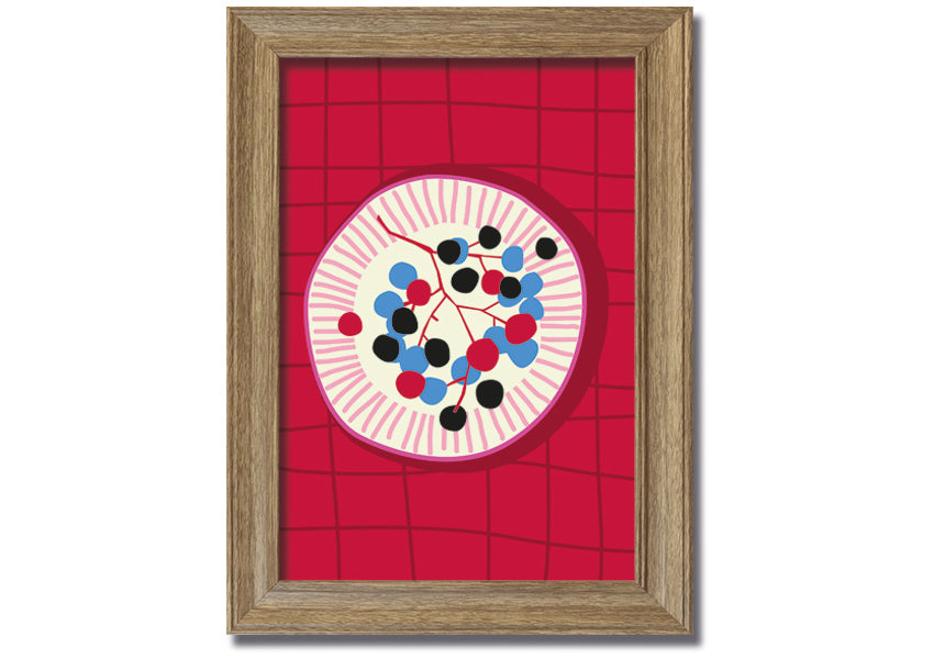 A beautifully framed print of assorted berries on a plate, showcasing vibrant colors and intricate details, ready to hang.