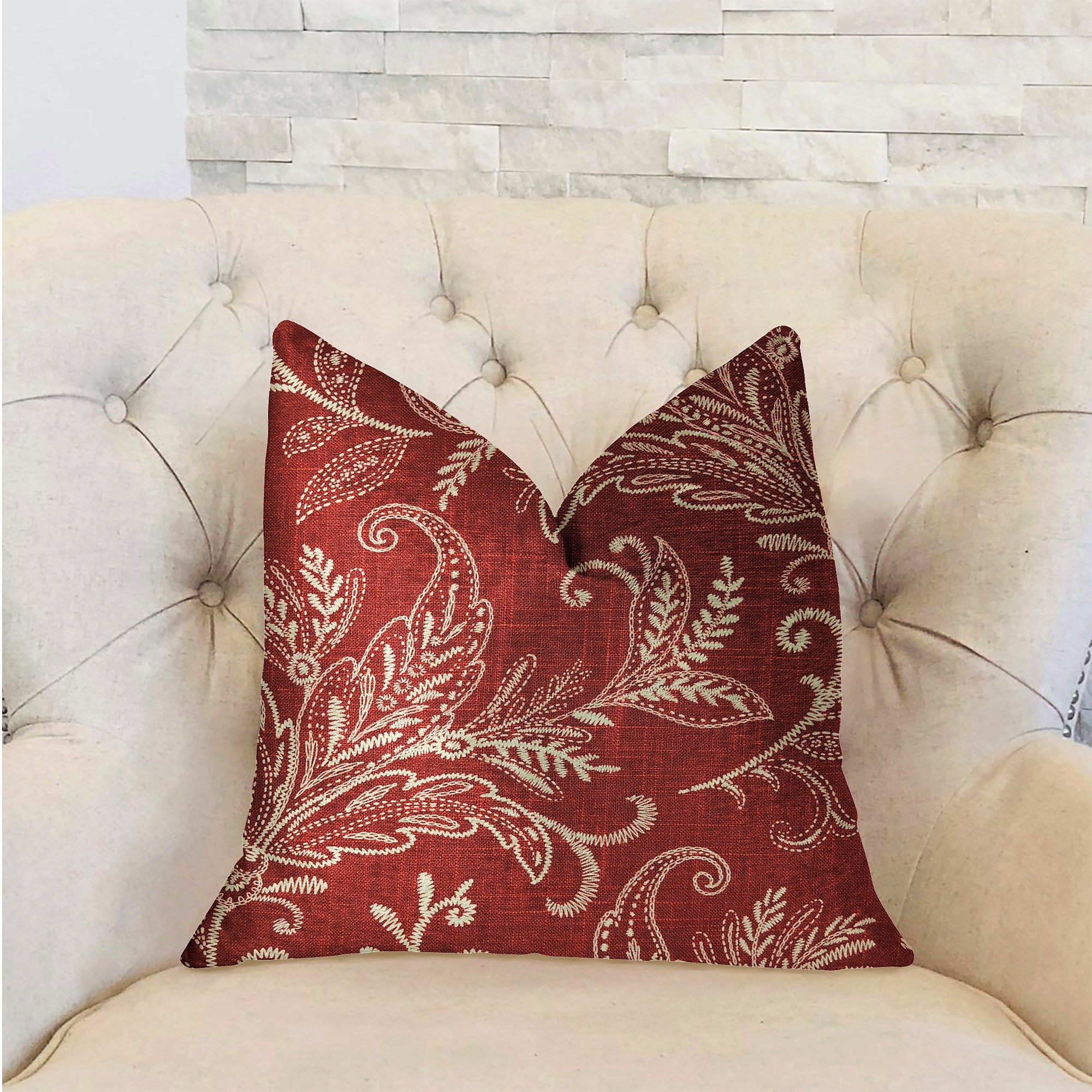 Berry Crest Vineyard Red and Beige Luxury Throw Pillow featuring floral pattern and invisible zipper, handmade in the USA.