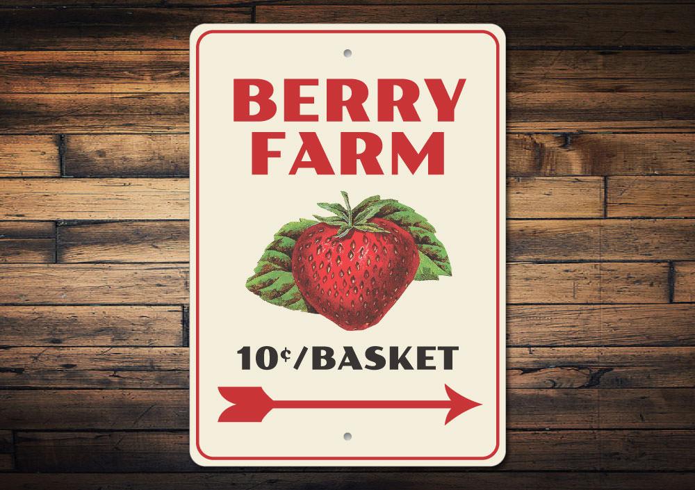 Berry Farm Sign made of high-quality aluminum, featuring customizable text and pre-drilled holes for easy mounting.