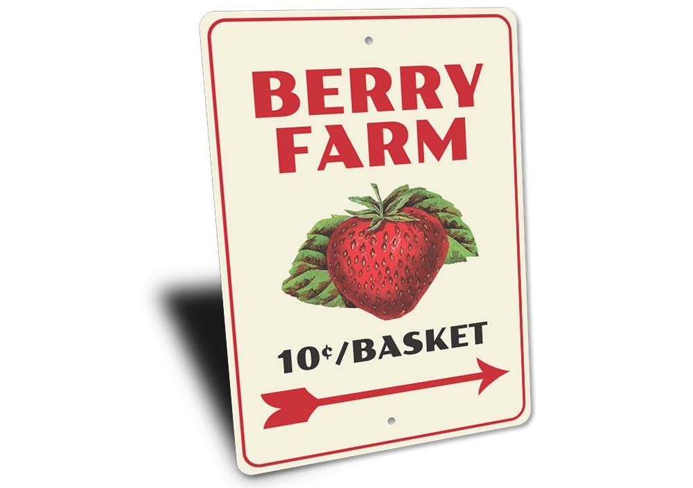 Berry Farm Sign made of high-quality aluminum, featuring customizable text and pre-drilled holes for easy mounting.