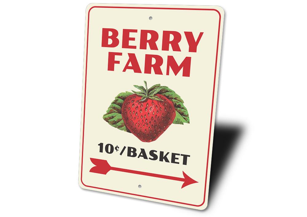 Berry Farm Sign made of high-quality aluminum, featuring customizable text and pre-drilled holes for easy mounting.