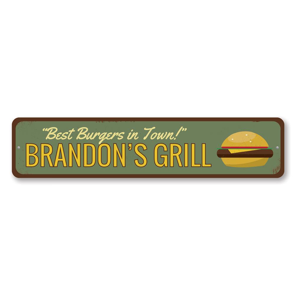 A decorative aluminum sign reading 'Best Burgers in Town', featuring vibrant colors and a stylish design, perfect for restaurants and cafes.