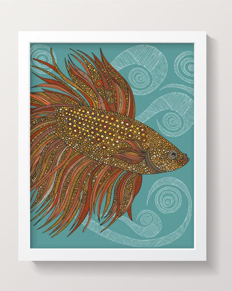 A vibrant archival art print of a Beta fish, showcasing intricate pen and ink details with digital coloring on matte card stock.