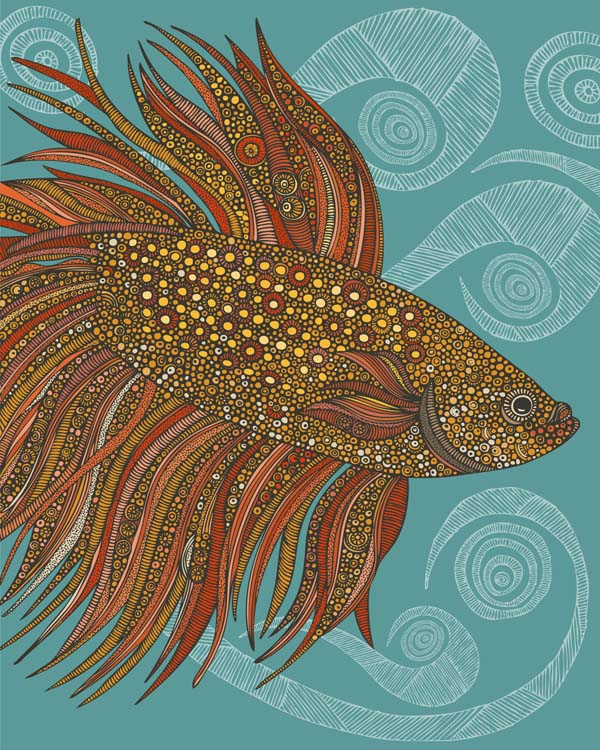 A vibrant archival art print of a Beta fish, showcasing intricate pen and ink details with digital coloring on matte card stock.