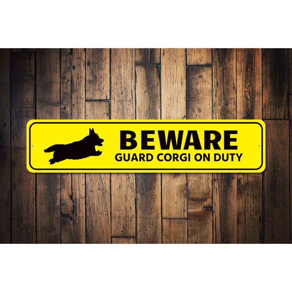 Beware Corgi Sign made of aluminum, featuring a playful design perfect for home decor.