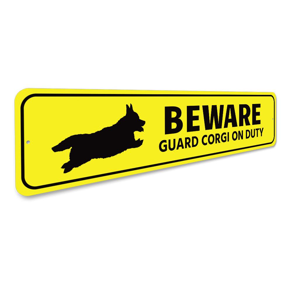 Beware Corgi Sign made of aluminum, featuring a playful design perfect for home decor.