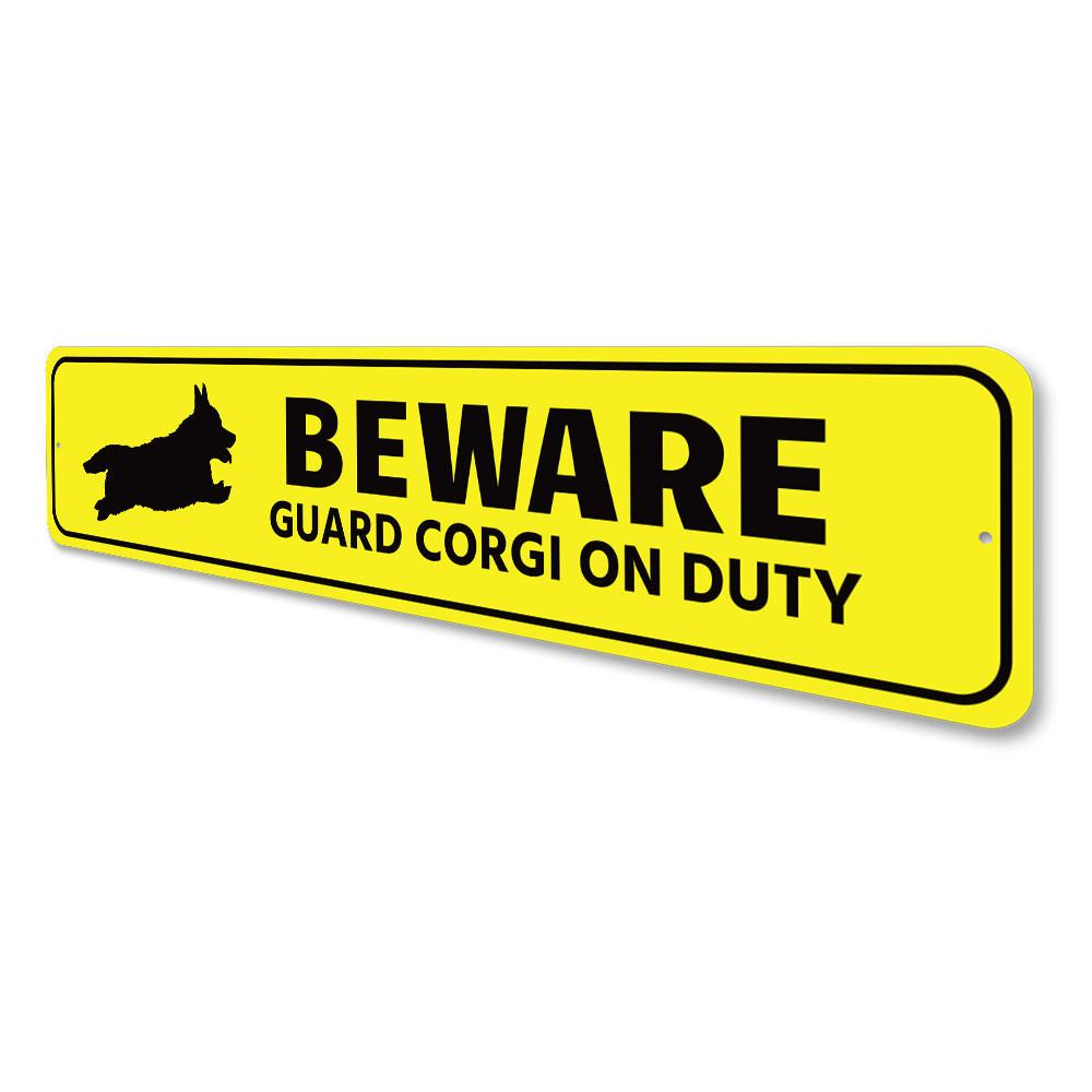 Beware Corgi Sign made of aluminum, featuring a playful design perfect for home decor.