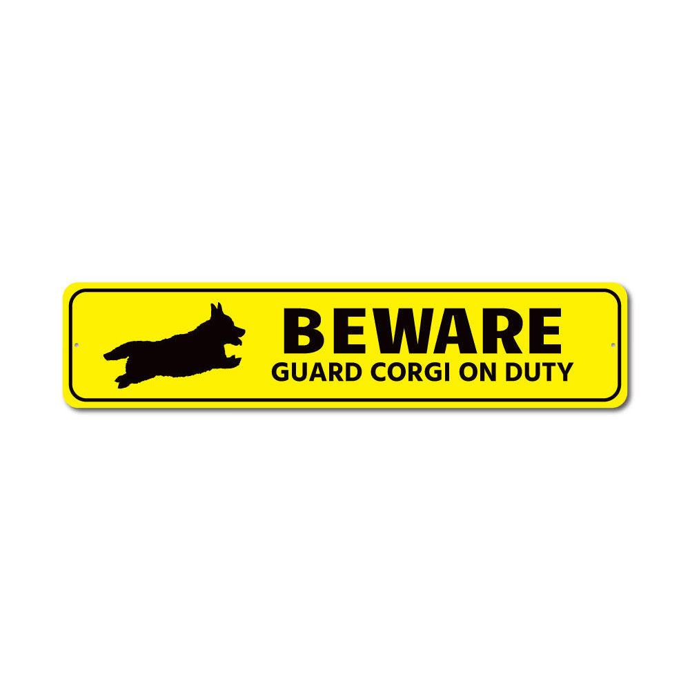 Beware Corgi Sign made of aluminum, featuring a playful design perfect for home decor.