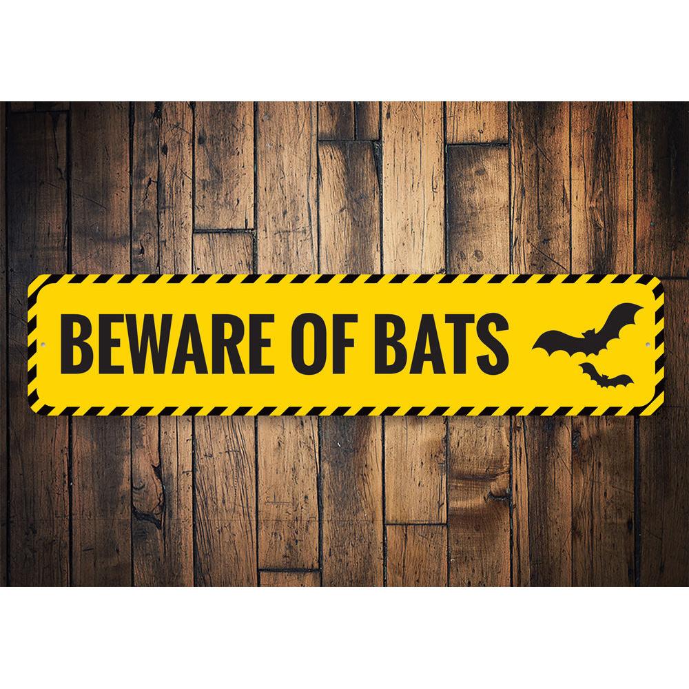 Beware of Bats Sign made from high-quality aluminum, featuring spooky bat graphics, perfect for Halloween decor.