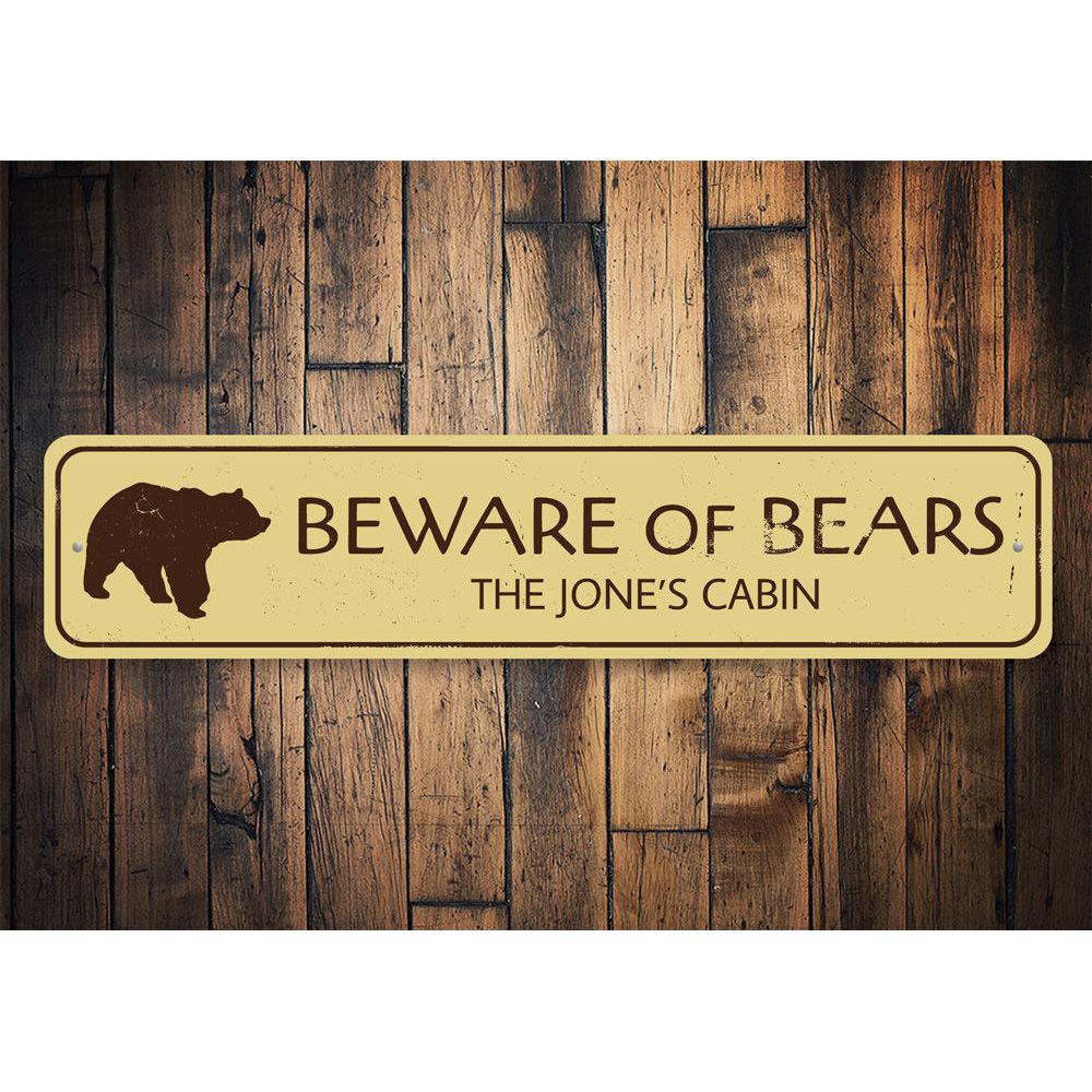 Beware of Bears Sign made from high-quality aluminum, featuring a rustic design perfect for lakeside decor.