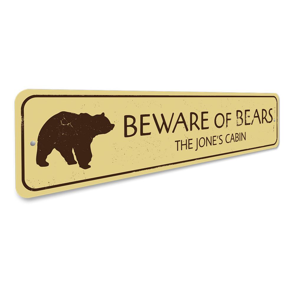 Beware of Bears Sign made from high-quality aluminum, featuring a rustic design perfect for lakeside decor.