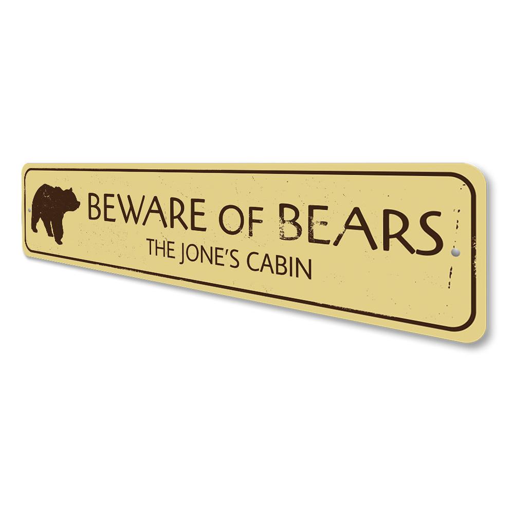 Beware of Bears Sign made from high-quality aluminum, featuring a rustic design perfect for lakeside decor.