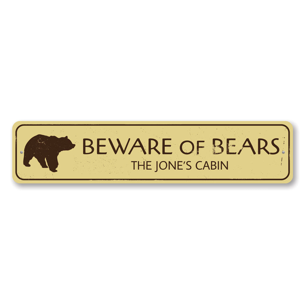 Beware of Bears Sign made from high-quality aluminum, featuring a rustic design perfect for lakeside decor.