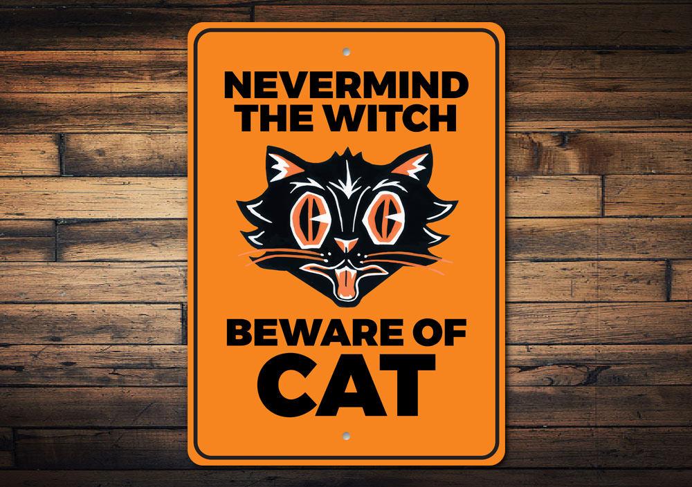 Beware of Black Cat decorative sign made of aluminum, featuring spooky Halloween design, perfect for home decor.