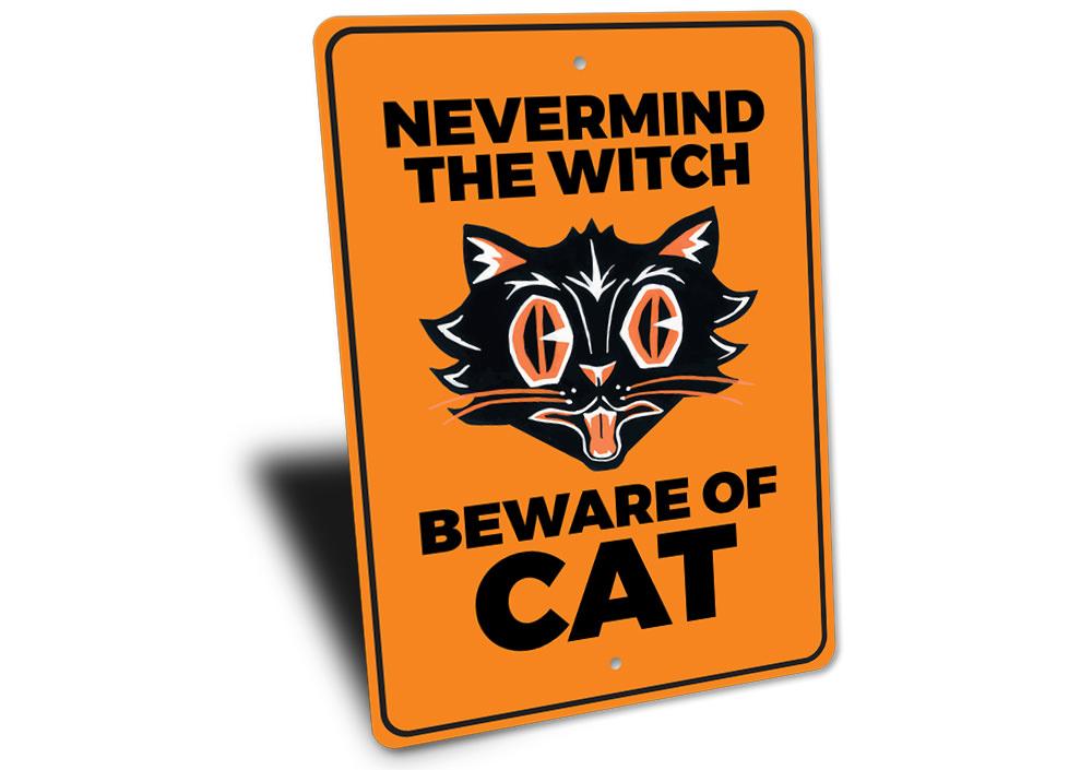 Beware of Black Cat decorative sign made of aluminum, featuring spooky Halloween design, perfect for home decor.