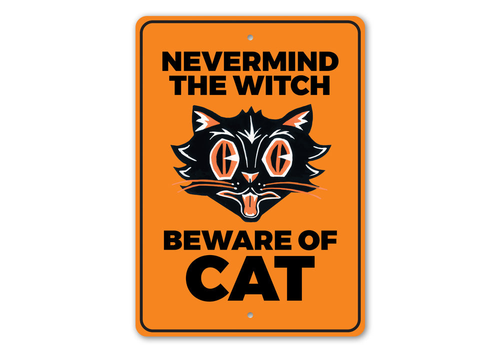 Beware of Black Cat decorative sign made of aluminum, featuring spooky Halloween design, perfect for home decor.