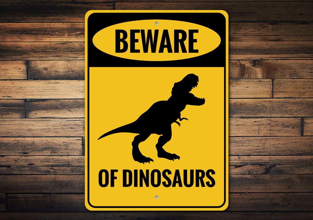 Beware of Dinosaurs Sign featuring vibrant colors and playful dinosaur graphics, perfect for children's rooms.