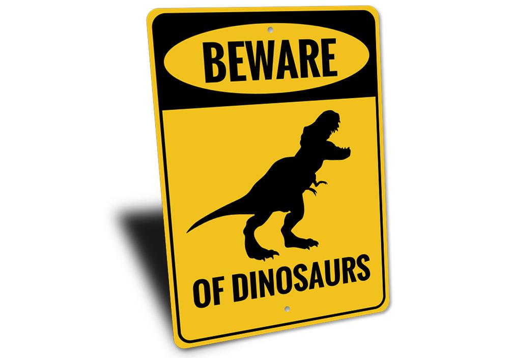 Beware of Dinosaurs Sign featuring vibrant colors and playful dinosaur graphics, perfect for children's rooms.