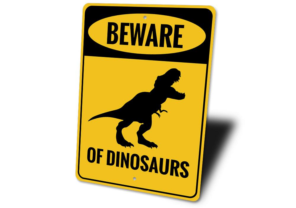 Beware of Dinosaurs Sign featuring vibrant colors and playful dinosaur graphics, perfect for children's rooms.