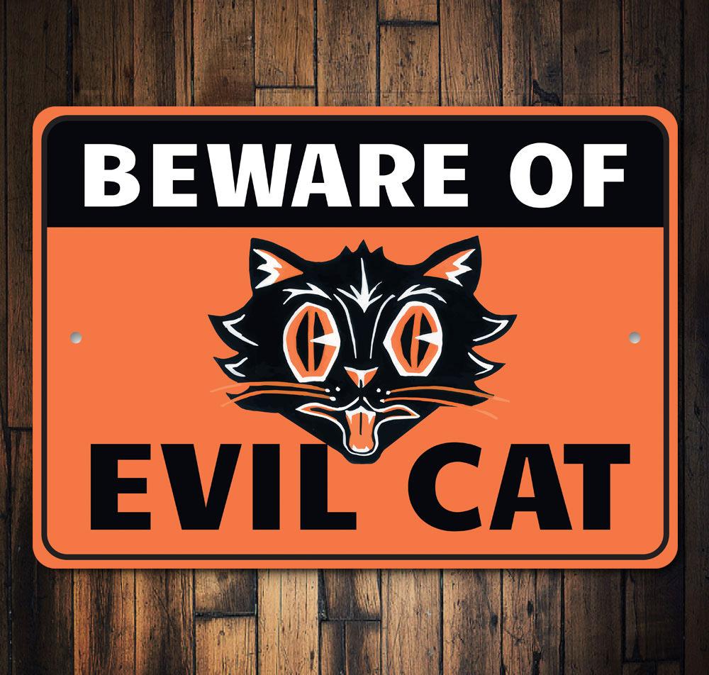 Beware of Evil Cat Sign made from high-quality aluminum, featuring spooky design perfect for Halloween decorations.